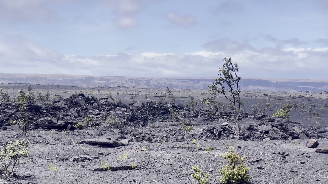 夏威夷火山国家公园基拉韦厄火山口边缘荒凉的荒地，电影长镜头平移拍摄。4K HDR, 30 FPS视频素材