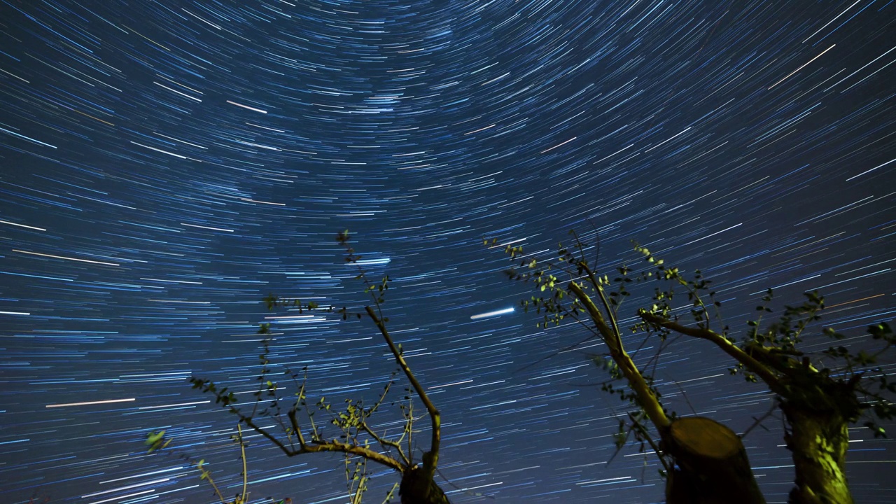 天空中美丽的星迹与星星和云，橄榄树在前景视频素材