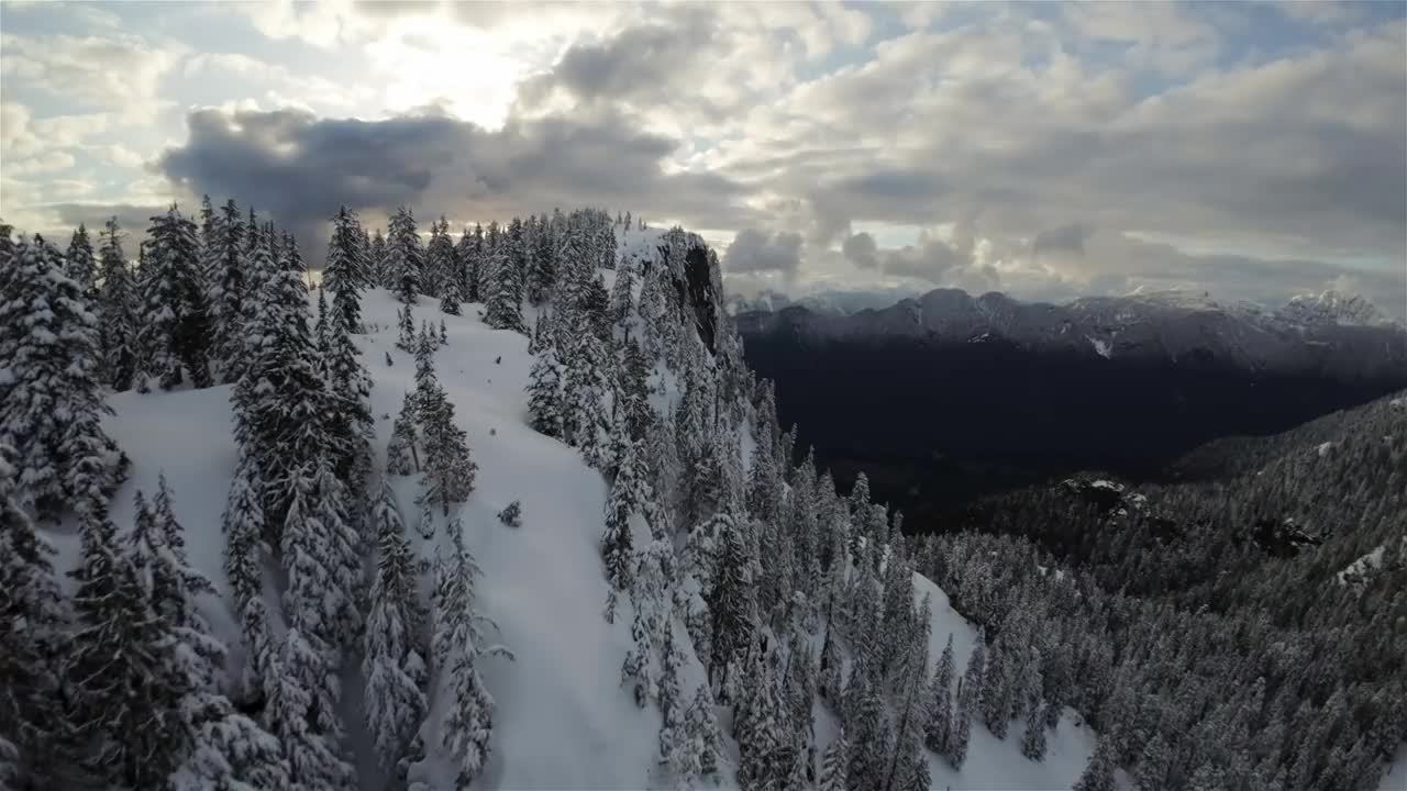 被雪覆盖的加拿大山地景观。空中自然背景。视频素材