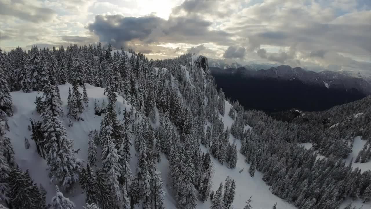 被雪覆盖的加拿大山地景观。空中自然背景。视频素材