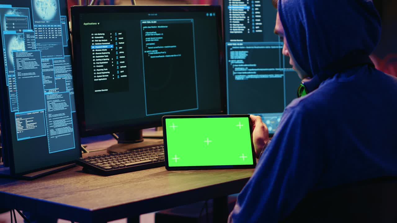 黑客在模拟平板电脑上使用勒索软件视频素材