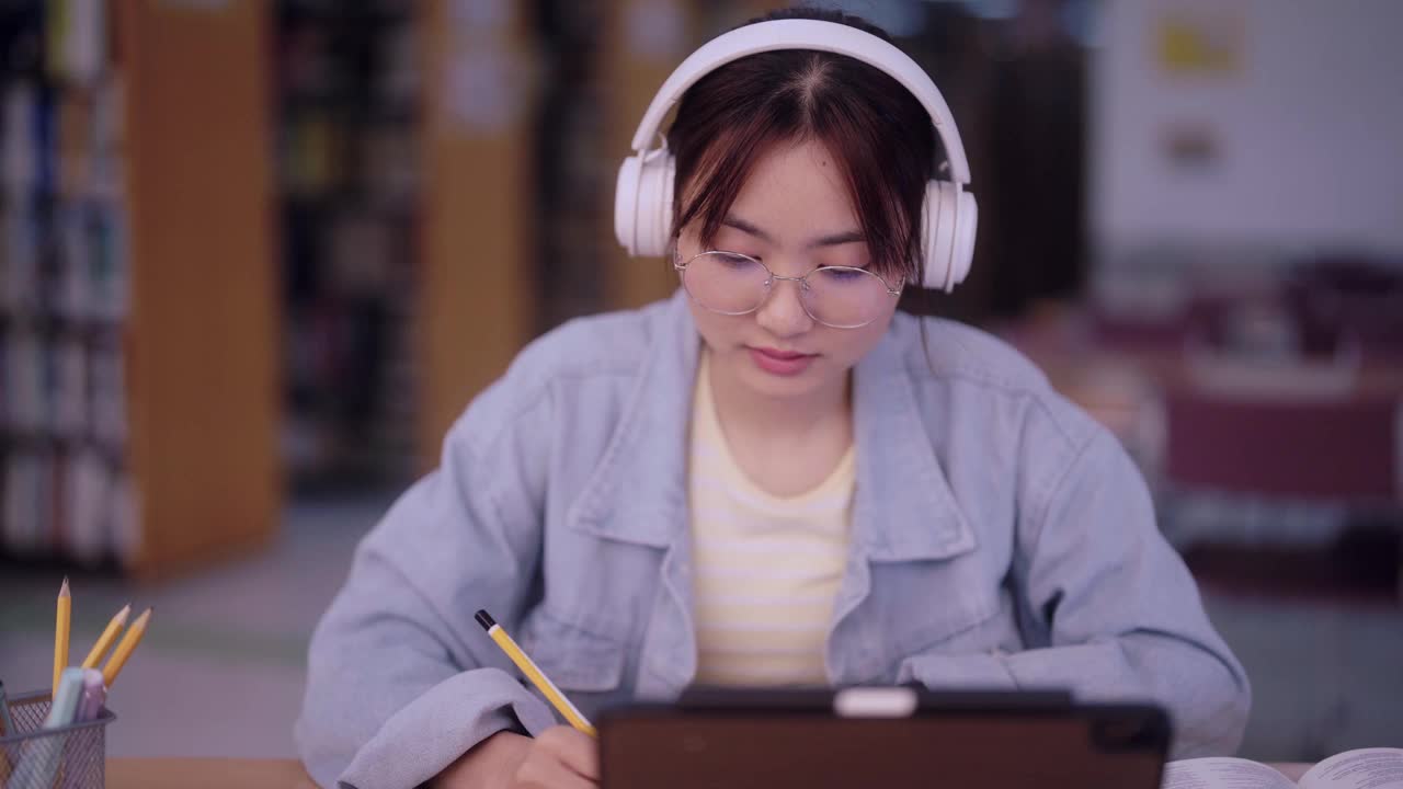 一名亚洲女学生通过平板电脑沉浸在网络学习中，在大学图书馆勤奋地记录自己的见解。拥抱数字领域，她展示了现代教育方法。视频素材