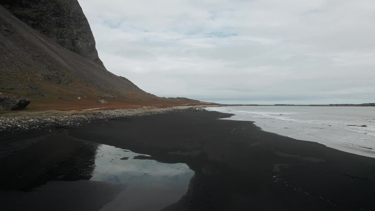 空中飞过黑色沙滩上的鹳鸟，远处黑色的火山山脉，黑暗忧郁多云的冰岛风光视频素材