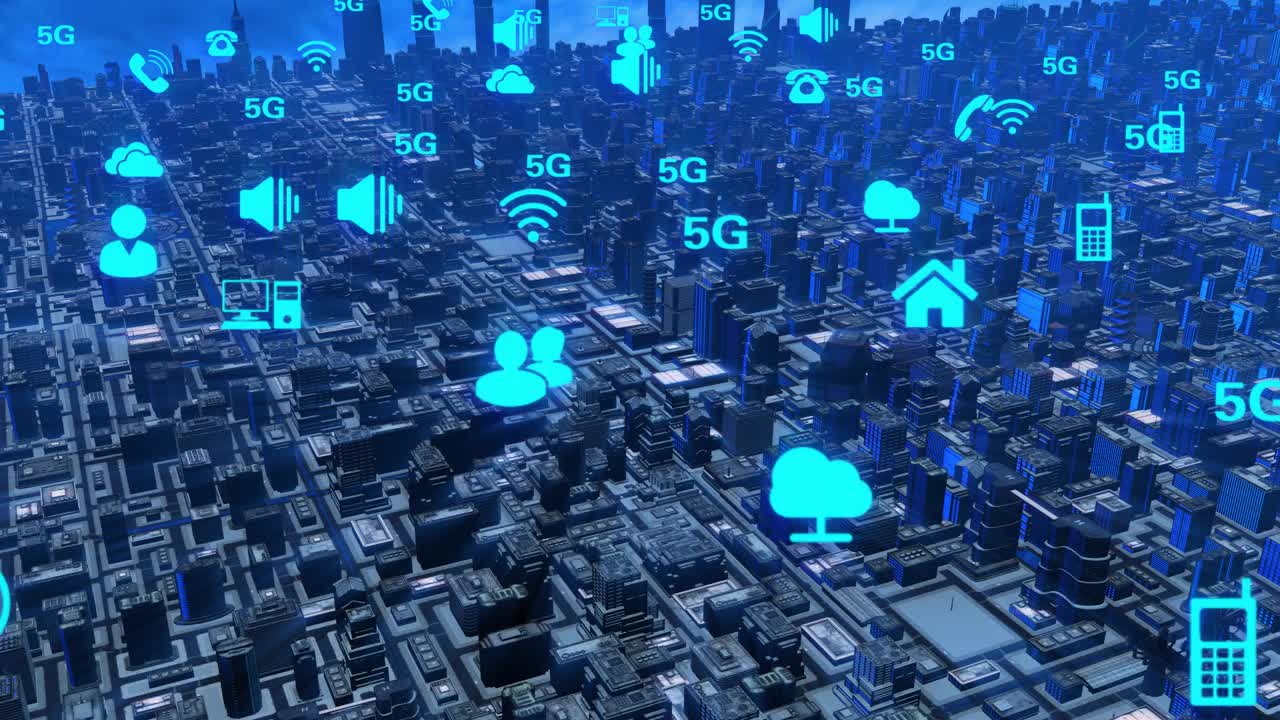 数字互联网和5g信号覆盖的科技智慧城市视频素材