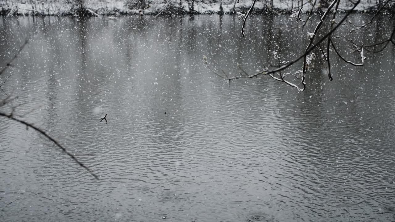 从河岸上看到的雪落进河里的慢动作视频素材