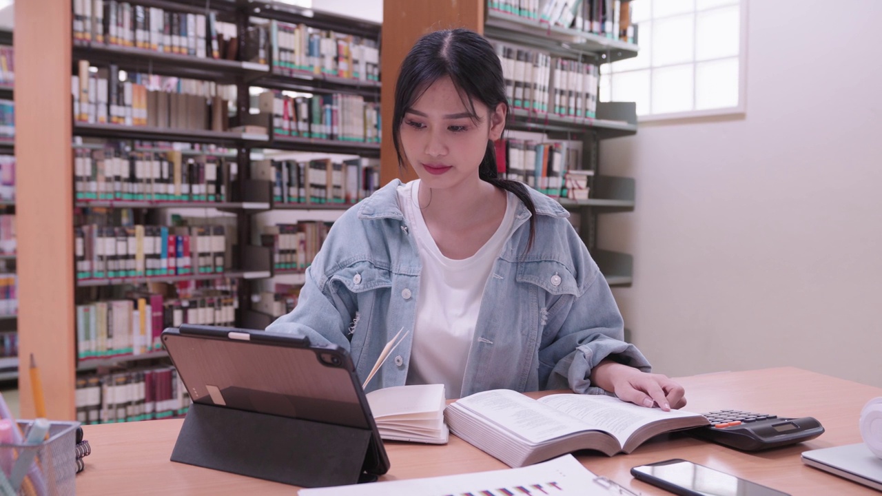 一名亚洲女学生在大学图书馆埋头阅读和总结平板电脑上的内容。高效率的笔记提高了她的学习体验，使她的学习更加专注视频素材