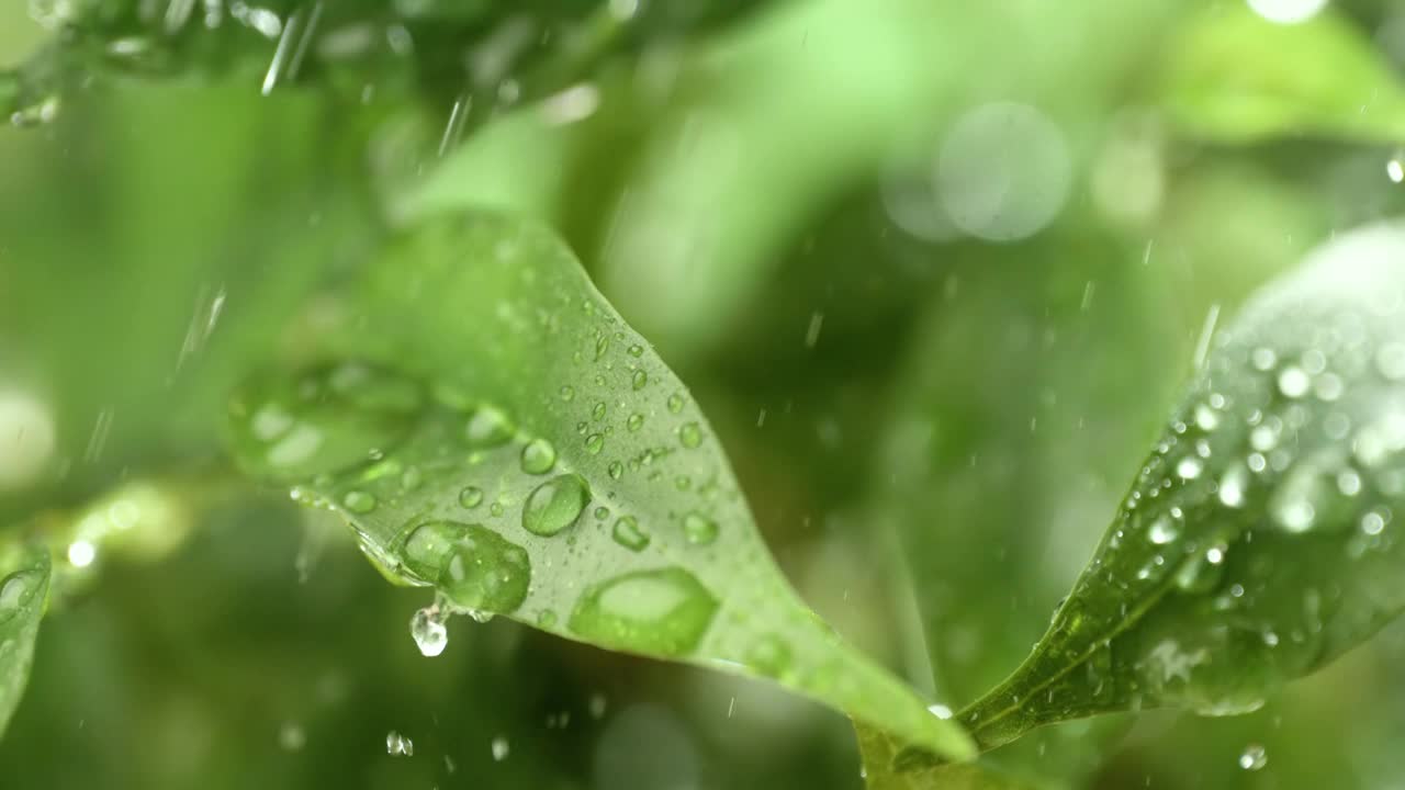 超级慢动作的雨滴特写。雨水滴落在植物的绿叶上。视频素材