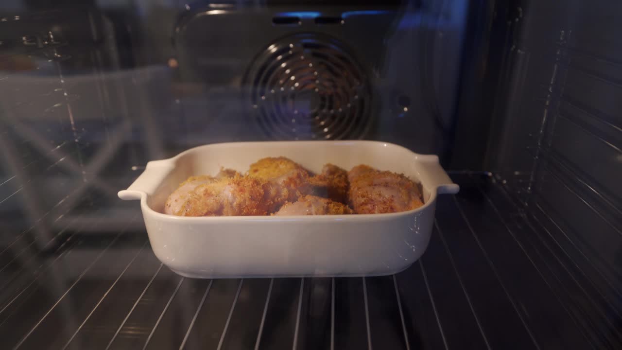 酥脆的鸡腿和面糊在厨房的烤箱里烤视频素材