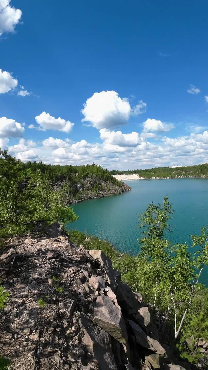 湖景有绿松石水，夏日阳光明媚。垂直视频视频素材