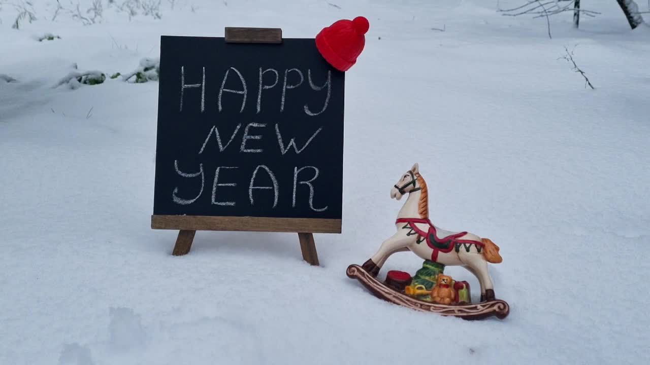 新年贺卡上的雪花，新年题词上的冬雪旁边的圣诞玩具视频素材