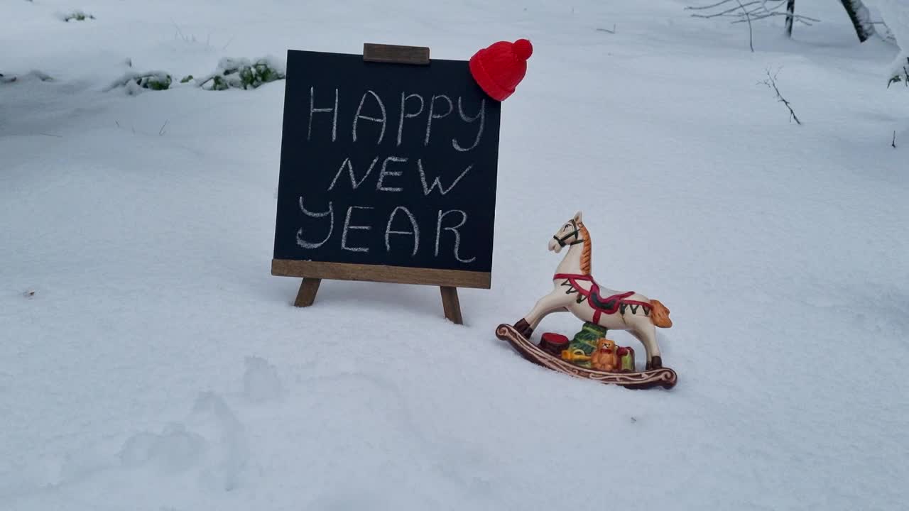 新年贺卡上的雪花，新年题词上的冬雪旁边的圣诞玩具视频下载