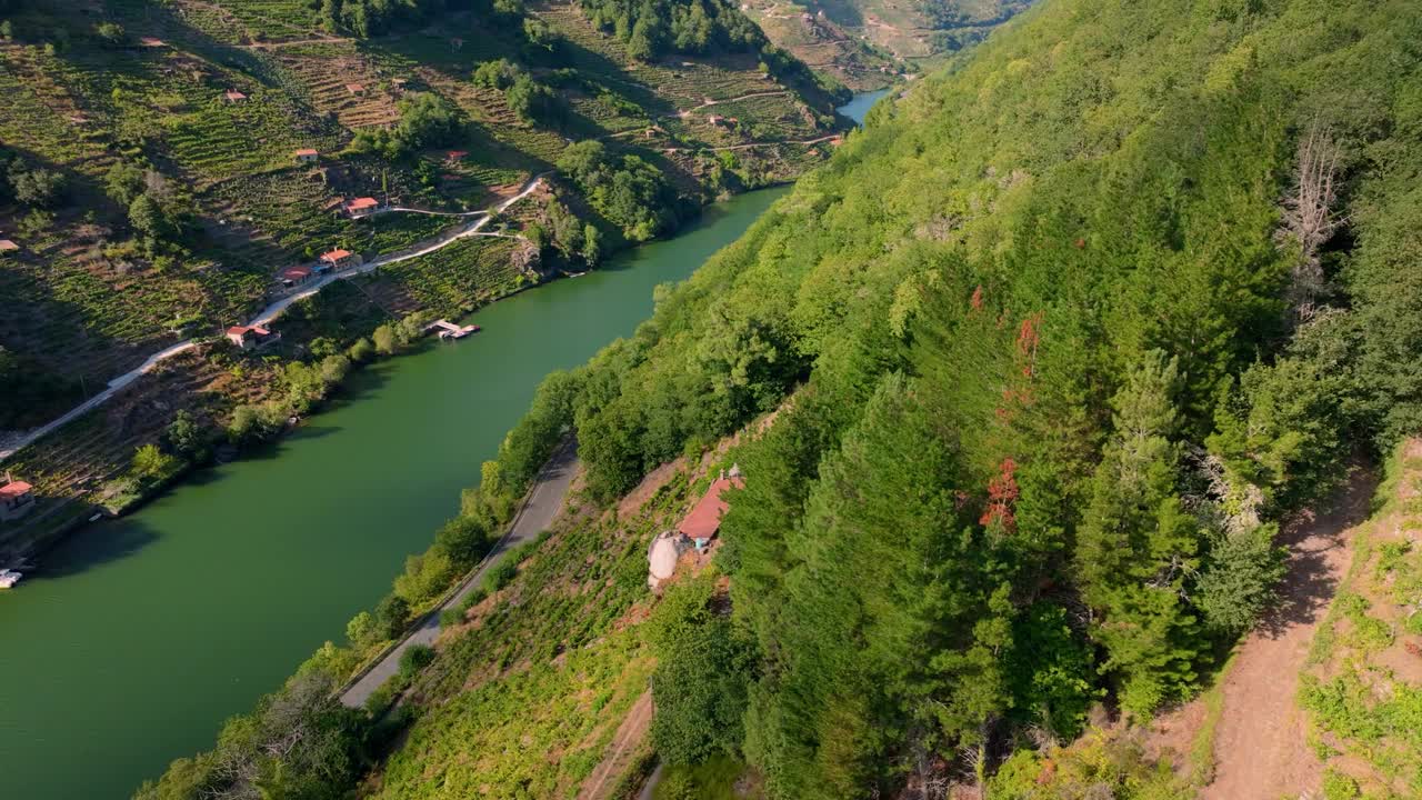 无人机拍摄的里贝拉萨克拉的梯田葡萄园和米尼奥河上的一个山村，西班牙视频素材