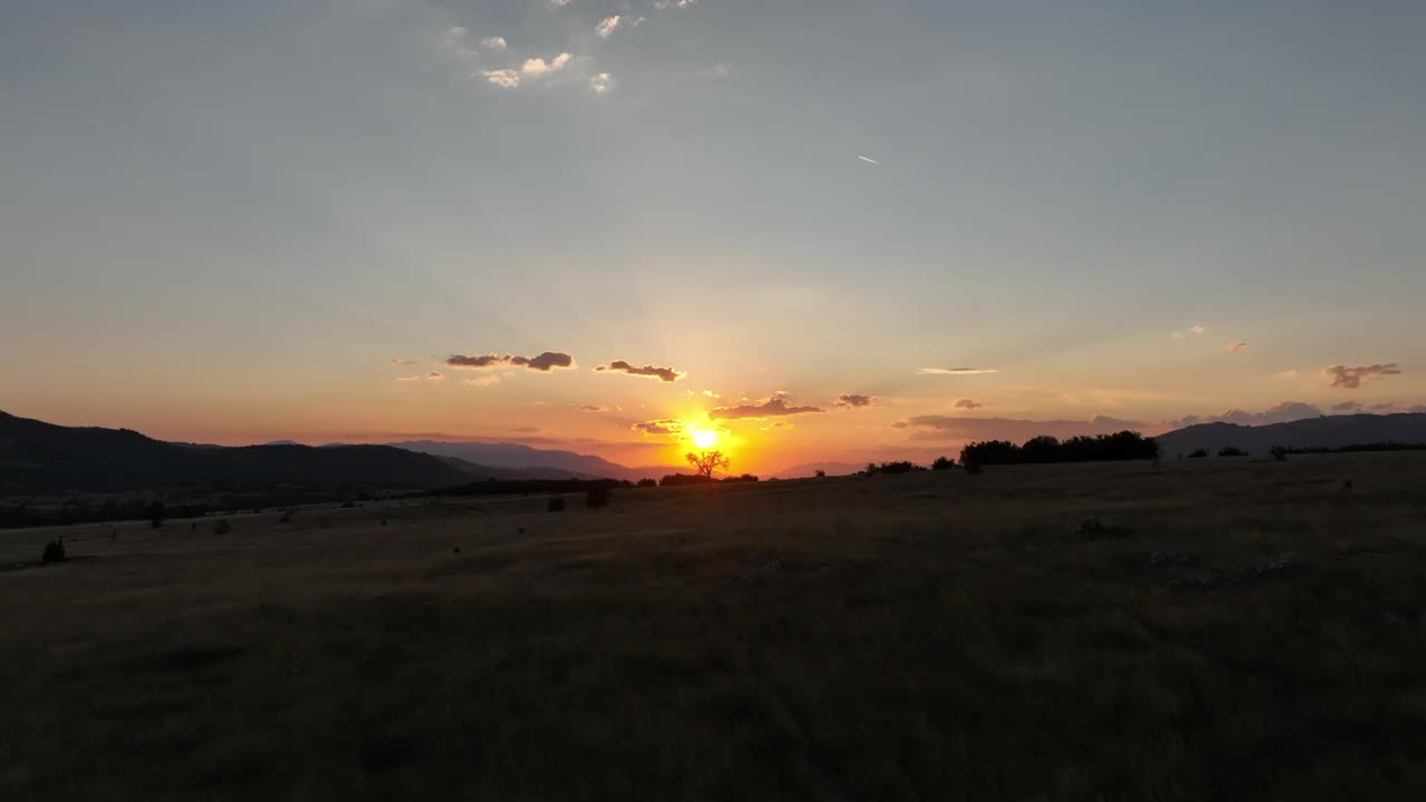 夕阳落在山的地平线上一棵孤零零的树后面。一架低空飞行的无人机在草地上拍摄的自然电影。暖色调的天空和明亮的橙色太阳是放松的时刻。视频素材