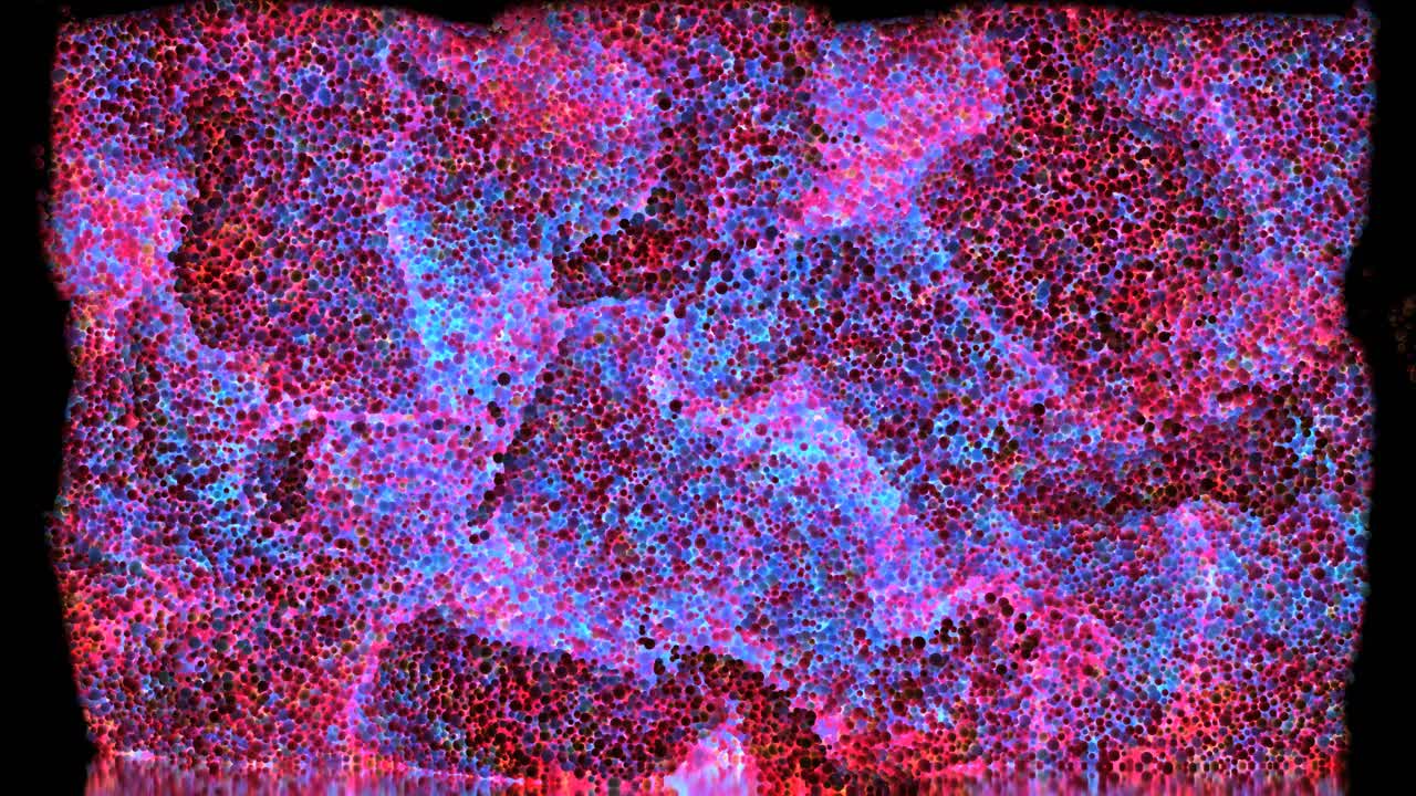 3D渲染抽象艺术视频动画，以荧光霓虹灯为基础，在黑色背景上形成紫色、橙色的发光小球，颗粒呈波浪曲线状视频素材