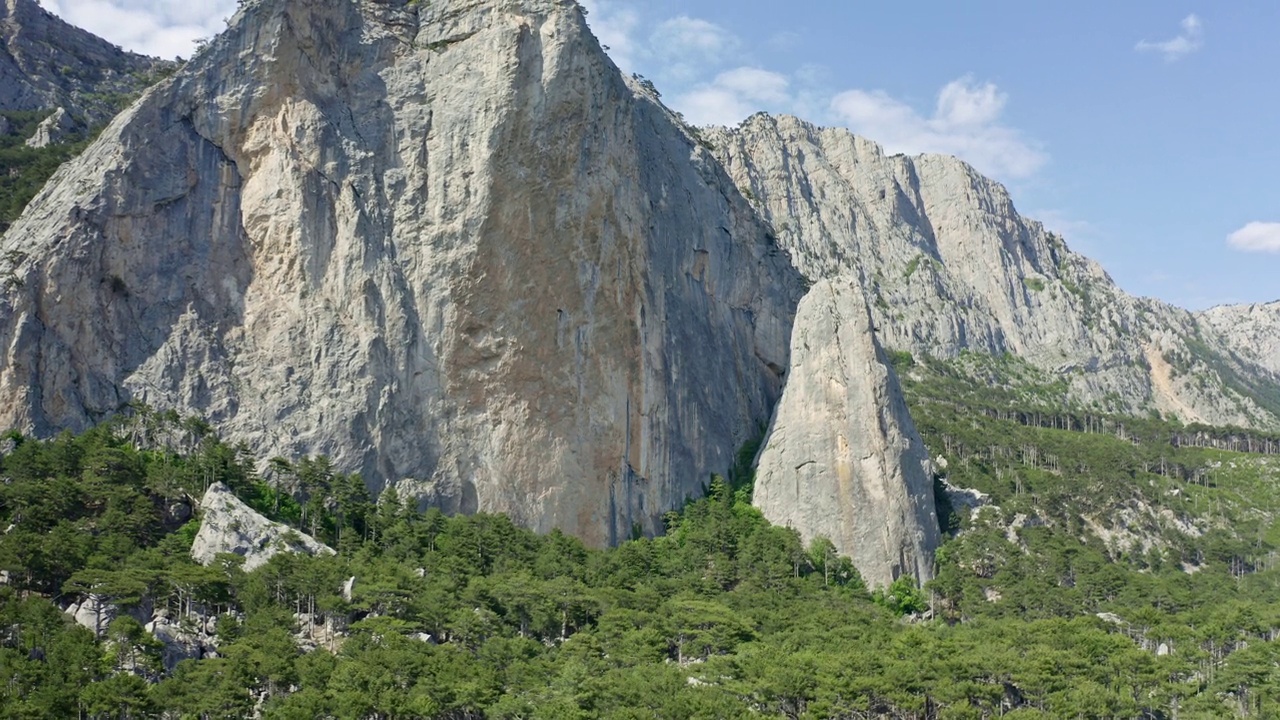 高耸入云的雄伟山峰，被苍翠的森林覆盖视频素材