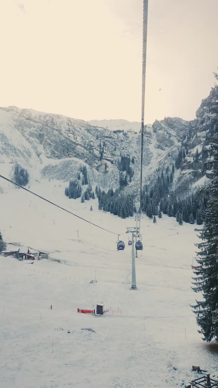 从缆车舱俯瞰白雪覆盖的山谷。垂直视频视频素材