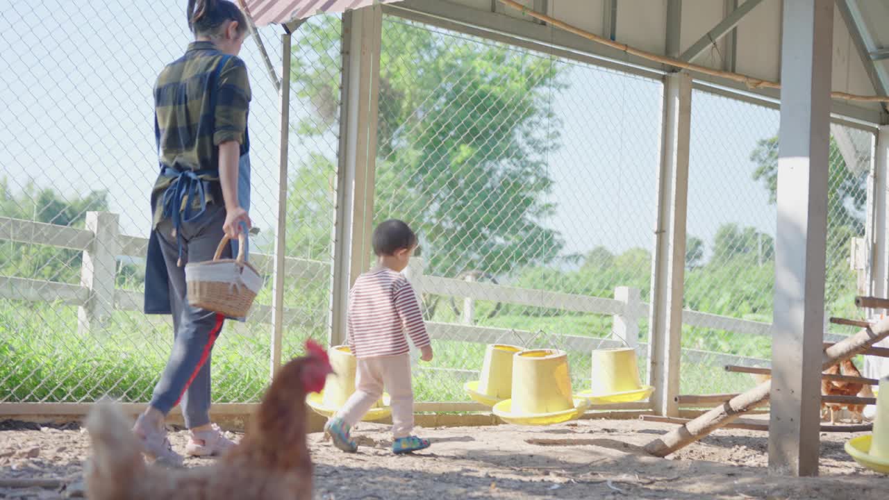 幸福的家庭，亚洲农民妈妈和小儿子在养鸡场分享快乐的时刻。视频素材