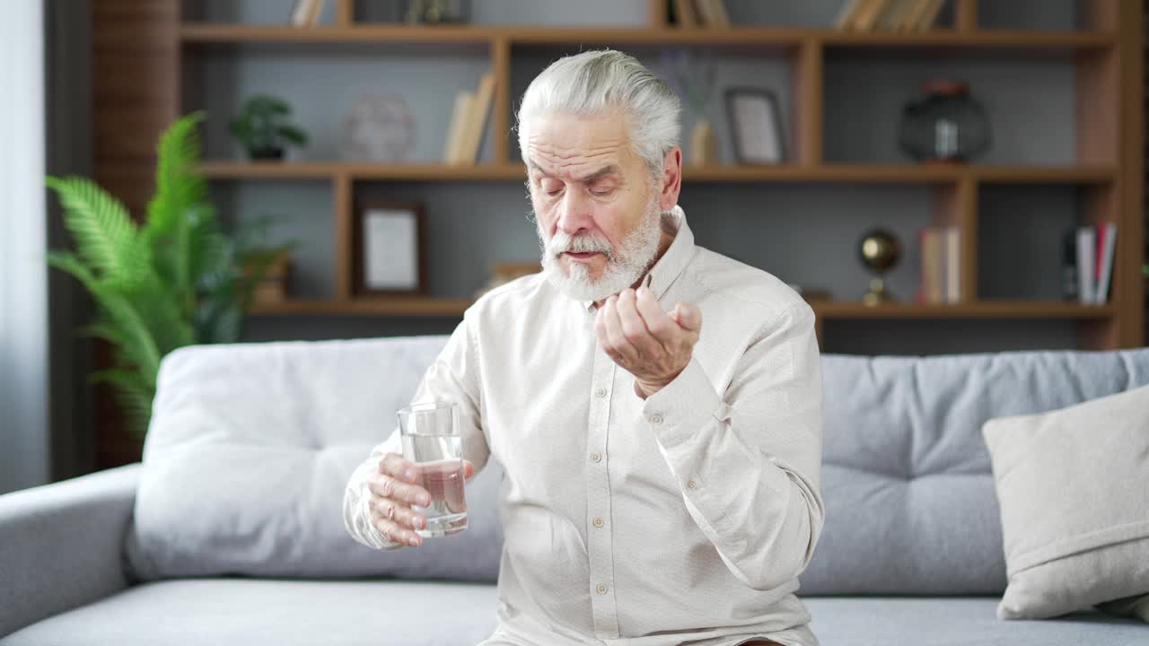 生病的白发大胡子老人坐在家里客厅的沙发上，一边吃着止痛药，一边用杯子喝水。视频素材