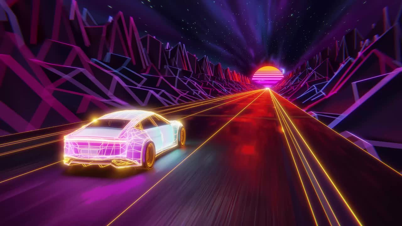 Synthwave无缝汽车动画。赛博朋克80年代复古汽波日落与高速公路上快速行驶的电动汽车。3d渲染动画VJ循环音乐视频。霓虹灯的背景视频下载