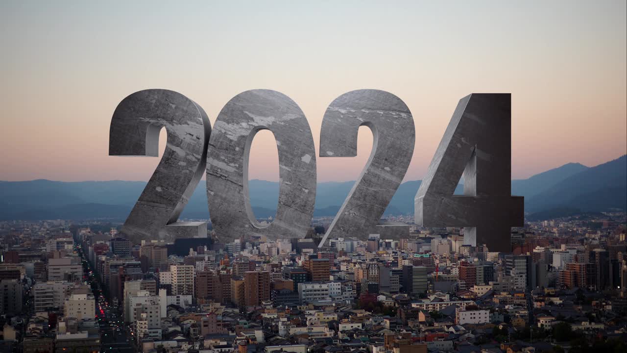 欢迎来到2024年。这座巨大的2024年建筑以宏伟的风格耸立在城市上空。三维渲染视频素材