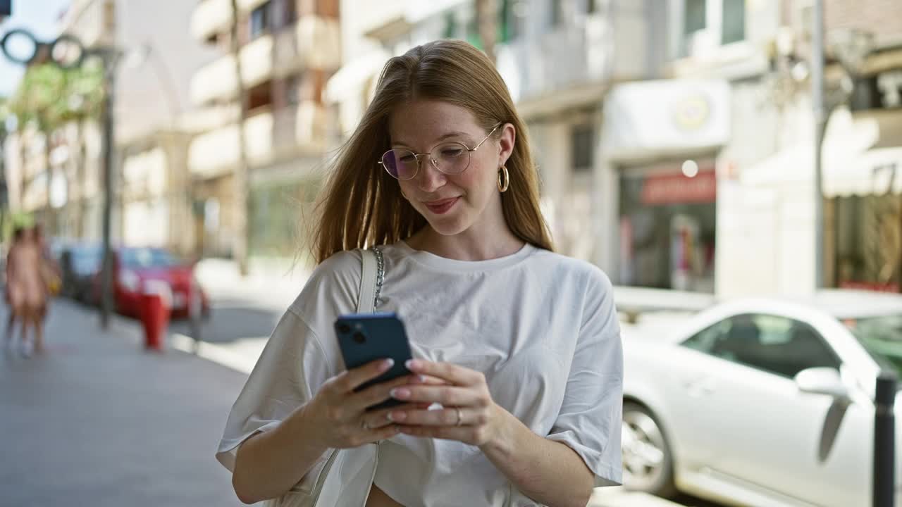 年轻的金发女子微笑着自信地在街上用智能手机自拍视频素材