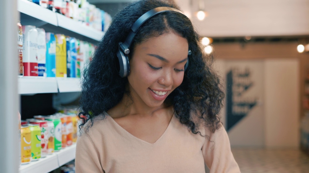 在超市购物的女人。一位年轻女性在商店里看着商品并阅读标签视频素材