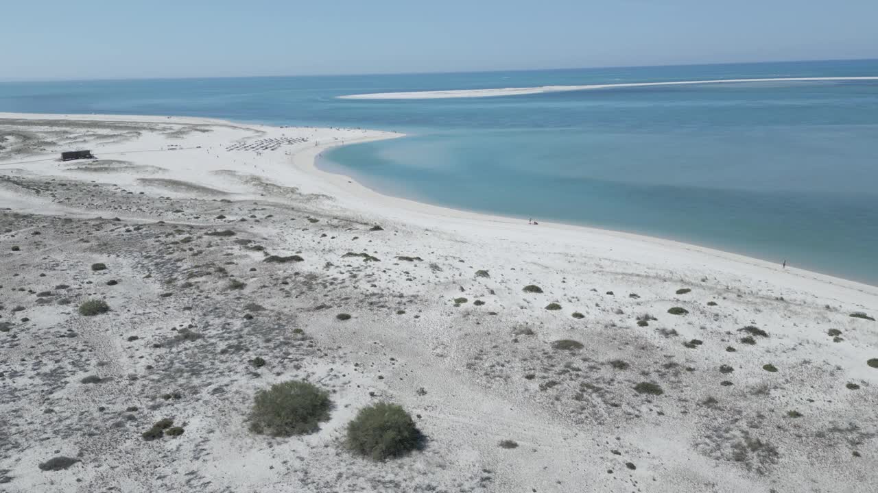 倾斜拍摄宁静的海滩曲线与清澈的蓝色海水和白色沙滩在葡萄牙视频素材