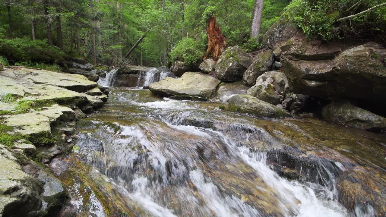 Riesbach河在Rißloch自然保护区。Riesbach, Rißloch, Bodenmais，巴伐利亚森林，下巴伐利亚，下巴伐利亚，巴伐利亚，德国，欧洲。视频下载