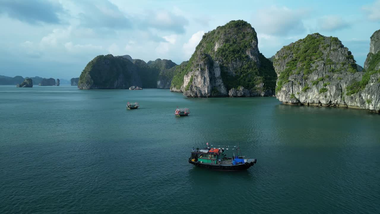 无人机拍摄的船只停泊在越南海防猫坝岛的兰下湾视频素材