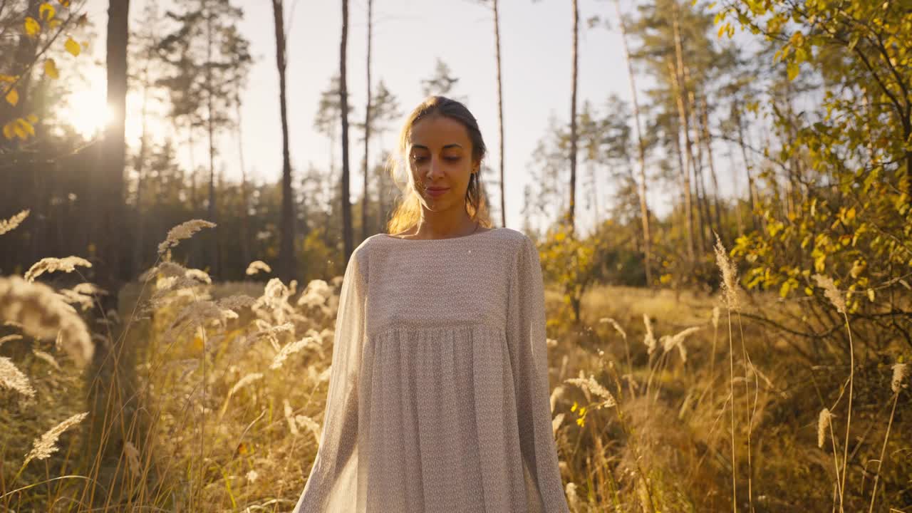 美丽幸福的女人穿着白色的浅色衣服，快乐地走在秋天的森林里，在高大的干草的金色小穗之间。浪漫的女孩在神奇的秋林与美妙的阳光放松。视频素材