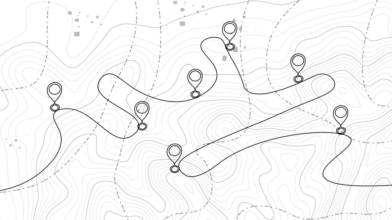 连续线绘制地图位置点在白色背景。单行多个目的地标志和路线指针。涂鸦艺术动画视频素材