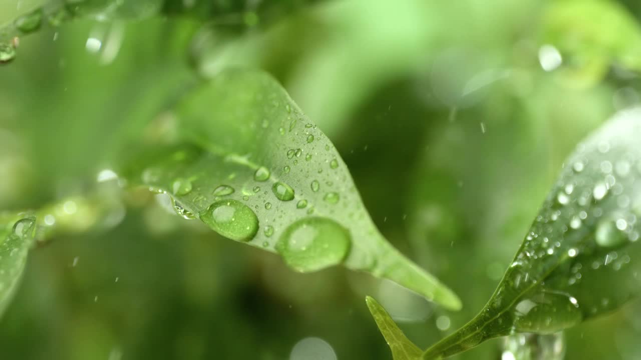 超级慢动作的雨滴特写。雨水滴落在植物的绿叶上。视频素材