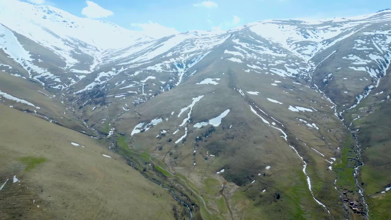 高空鸟瞰图，蓝天下覆盖着白雪的高山视频下载