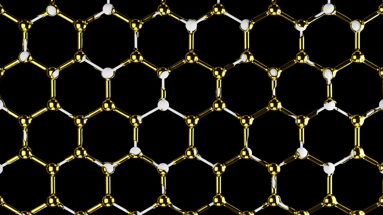 环尺纳米材料，网状，分子六角形结构，金液中分子的蜂窝连接，抽象的高科技设计视频素材