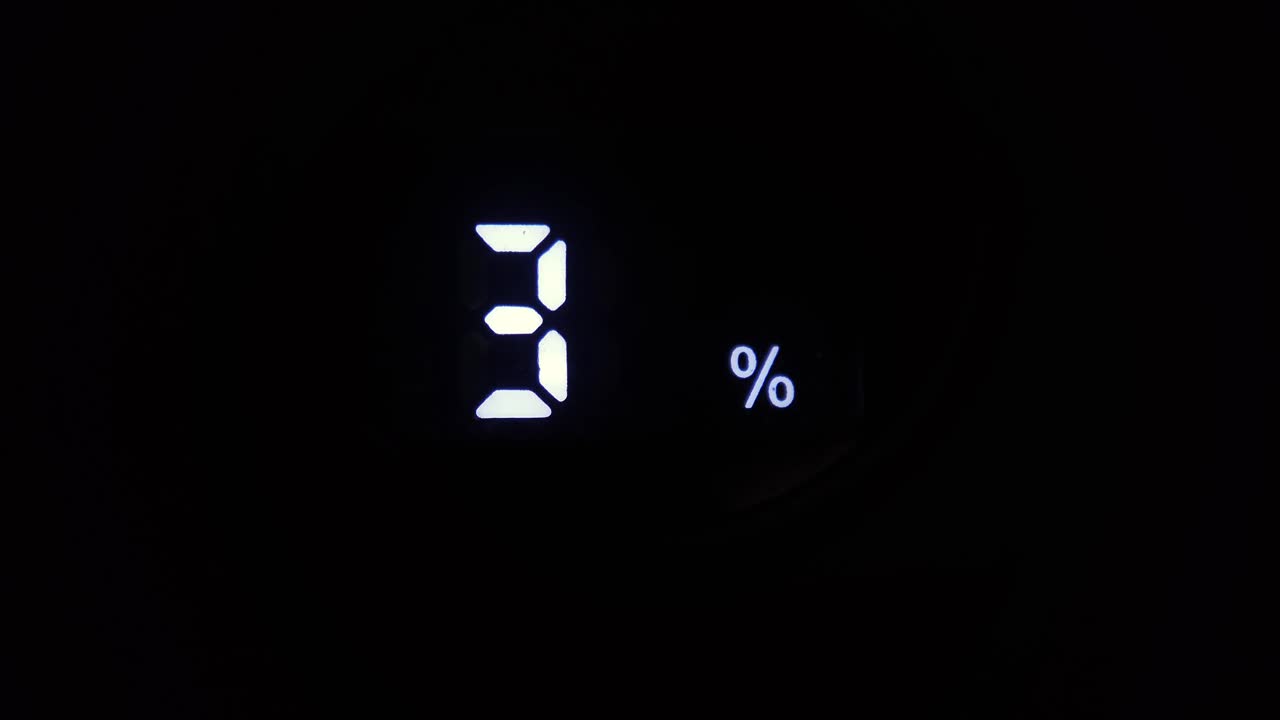 电池充电电量指示器充电过程近景宏观显示，小工具屏幕。能源、技术、动力、数字和符号的概念。高品质4k画面视频下载