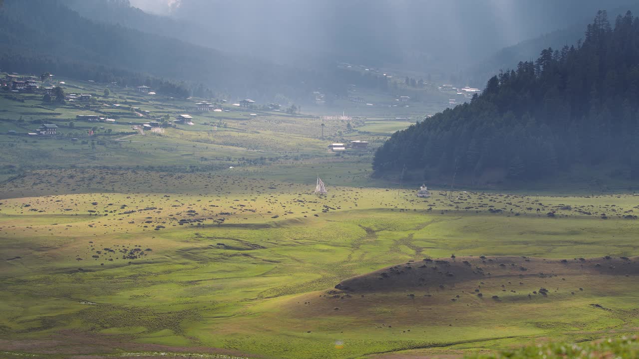 不丹的山水云海，不丹Phobjikha山谷的草地。视频素材