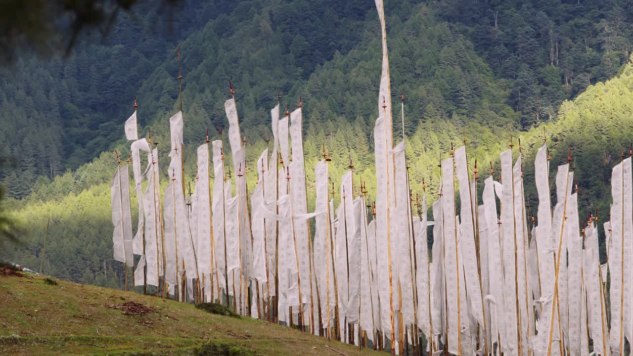 不丹的白色佛教经幡在山顶随风飘扬。视频素材