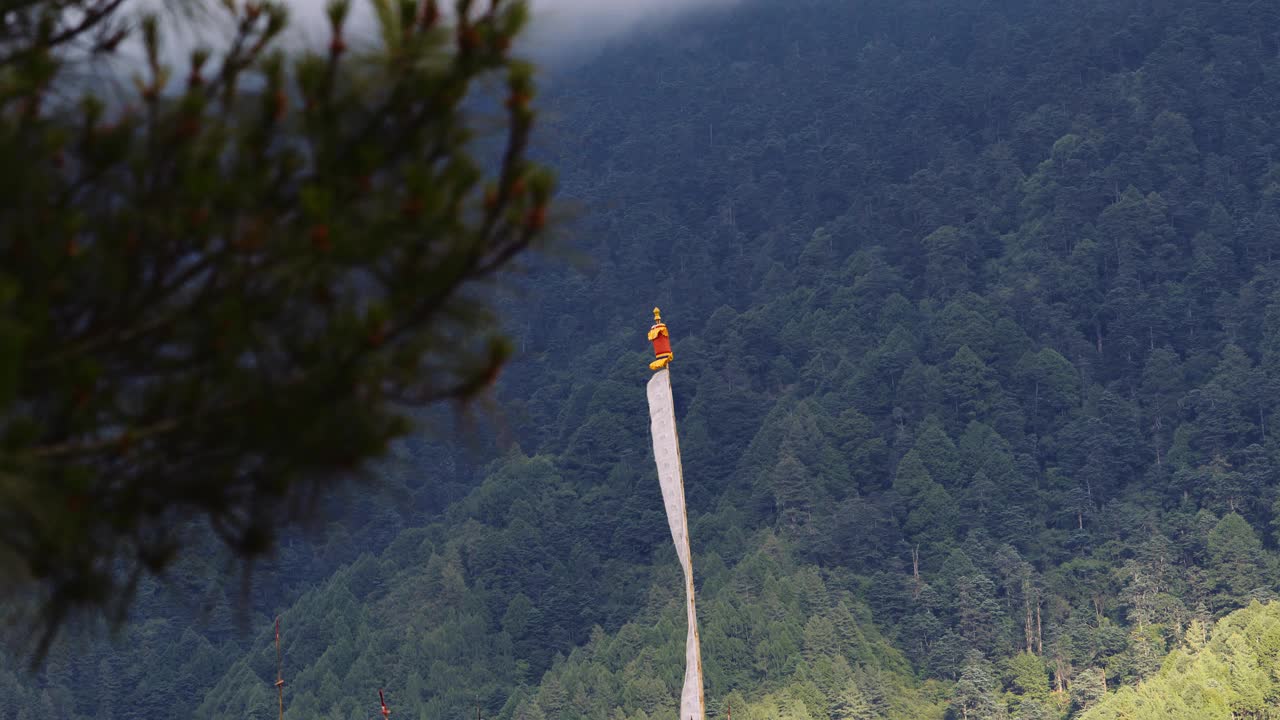 不丹的白色佛教经幡在山顶随风飘扬。视频素材