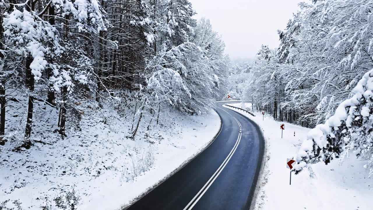 波兰，冬日的道路和冰霜皑皑的森林。视频素材