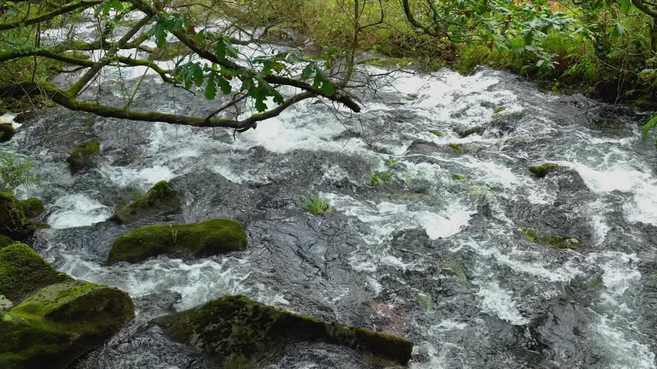 一条巨大的河流，河水从长满苔藓的岩石上奔流而过。慢动作视频素材