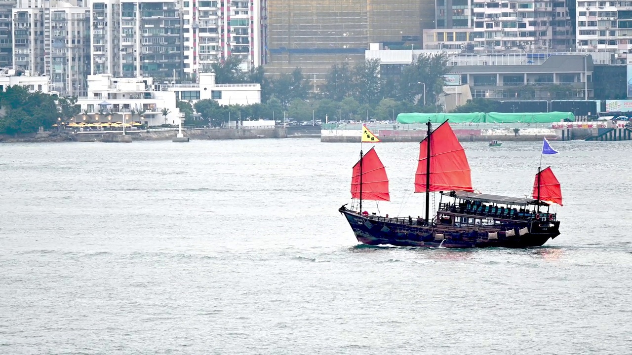 维多利亚港的中国帆船视频下载