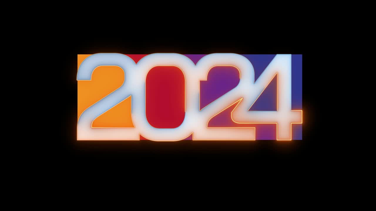 发光的霓虹线字圣诞新年2024孤立在透明的背景。新的一年概念开始，快乐庆祝，节日庆祝，新生活，事业成长。无缝循环动画。视频素材