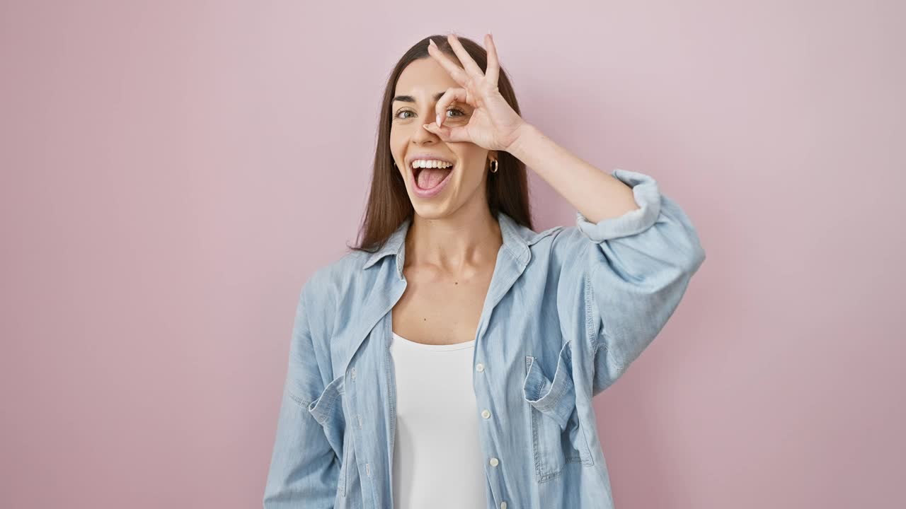 容光焕发的年轻女子在粉红色的背景下开玩笑地看着“ok”手势视频素材