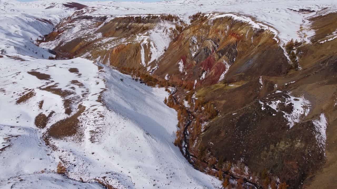 山上覆盖着无尽的雪，岩石斜坡上有白天的树木视频素材