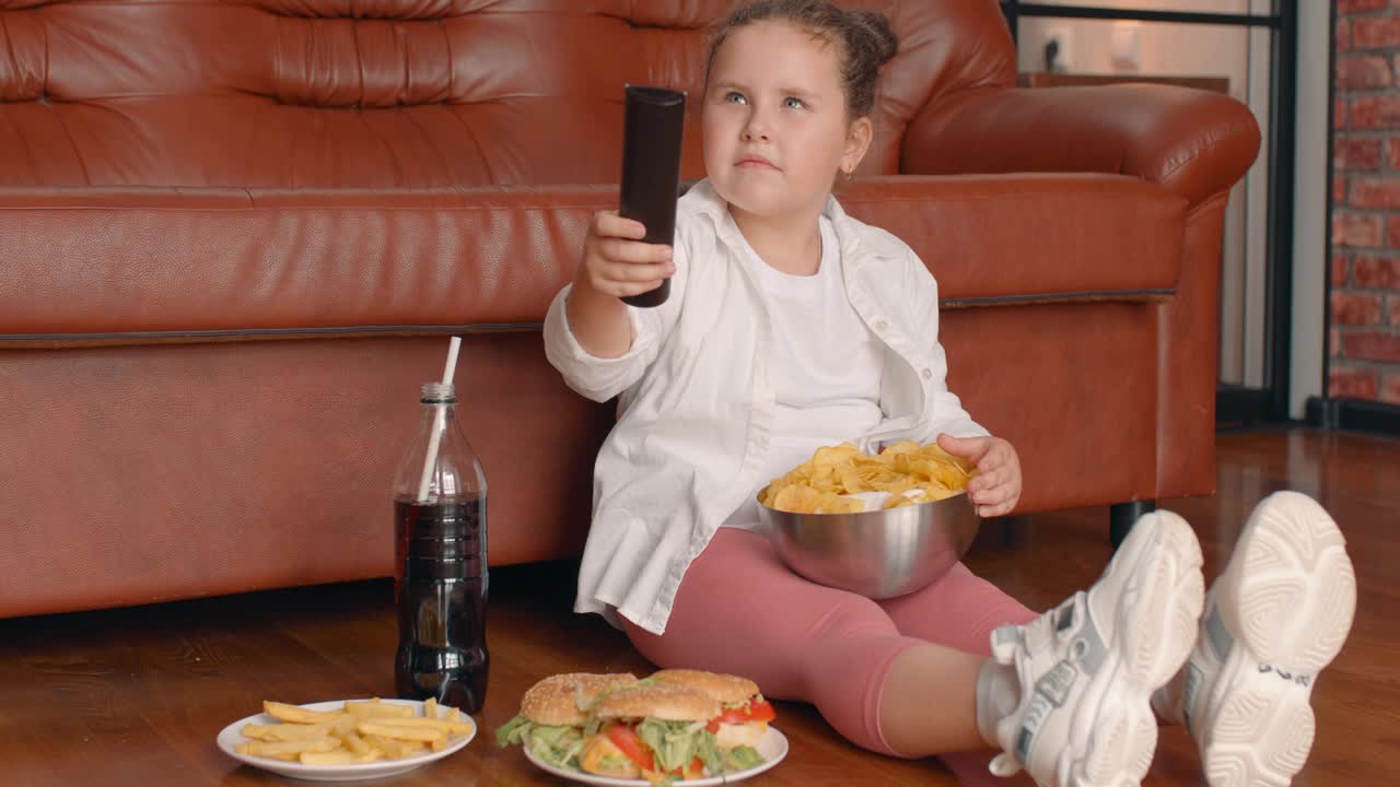 胖胖的好孩子，膝盖上放着碗，吃着快餐，正在看电视视频素材