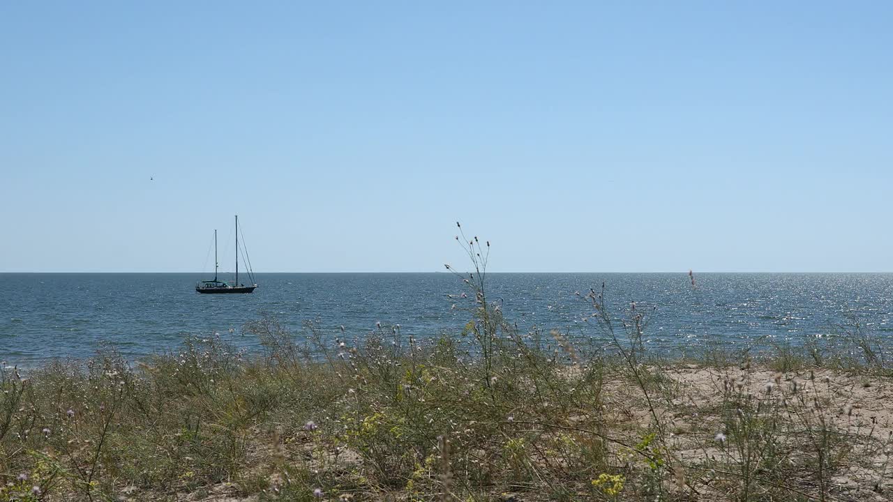 阳光明媚的夏日海景，背景是一艘游艇视频下载