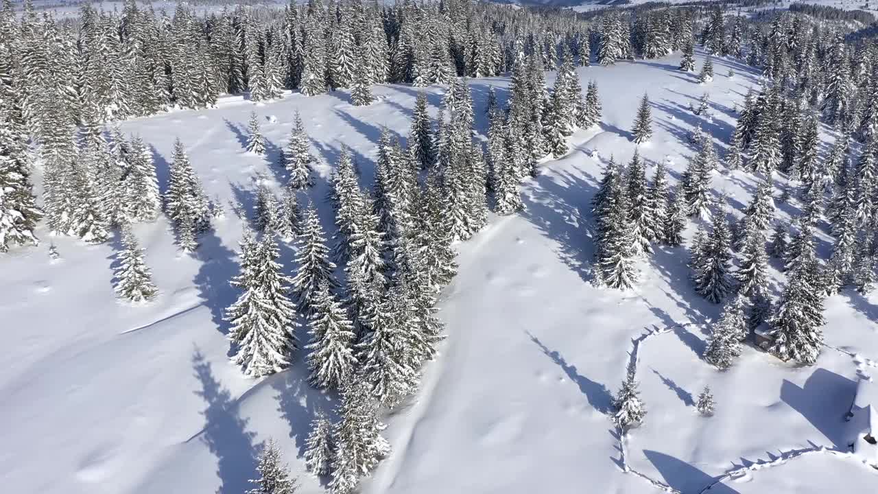 偏远的山村，宅基地在冬天被雪覆盖的山上。4K无人机航拍图视频素材