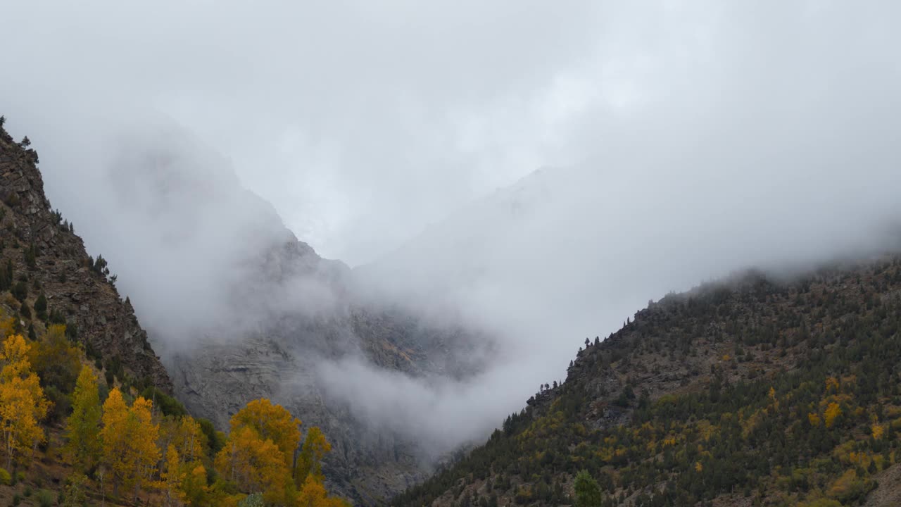 在印度基隆，雾气覆盖秋季山谷的延时放大照片。秋天的背景与山峰。荒野里的落叶和暴风云。以秋天为背景的迷雾山脉。视频素材