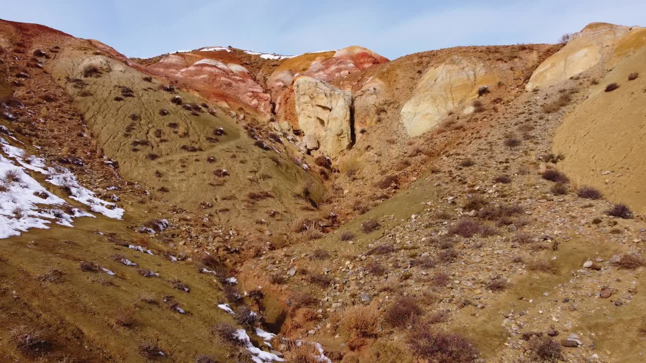 山坡上粗糙的岩层，白天有雪视频素材