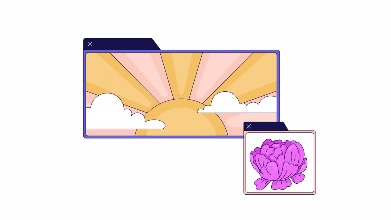 应用程序窗口具有日出、牡丹花线2D对象动画视频素材